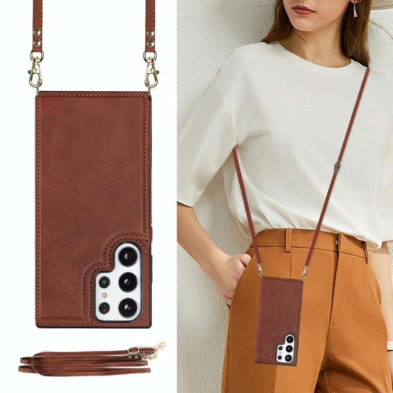 For Samsung Galaxy S23 Ultra 5G Cross-body Square Double Buckle Flip Card Bag TPU+PU Case(Brown)
