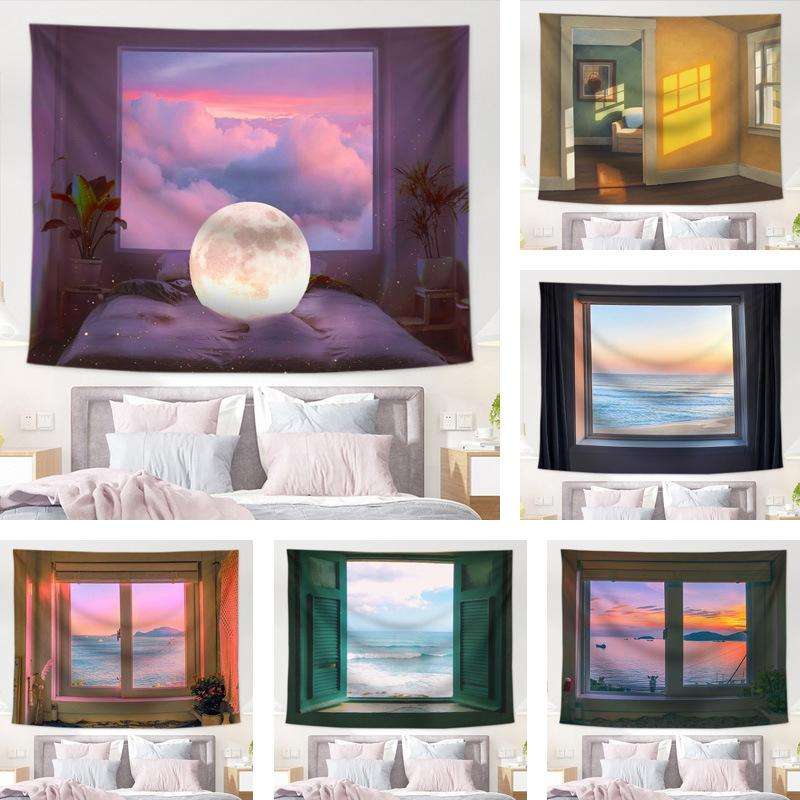 Sea View Window Background Cloth Fresh Bedroom Homestay Decoration Wall Cloth Tapestry, Size: 200...
