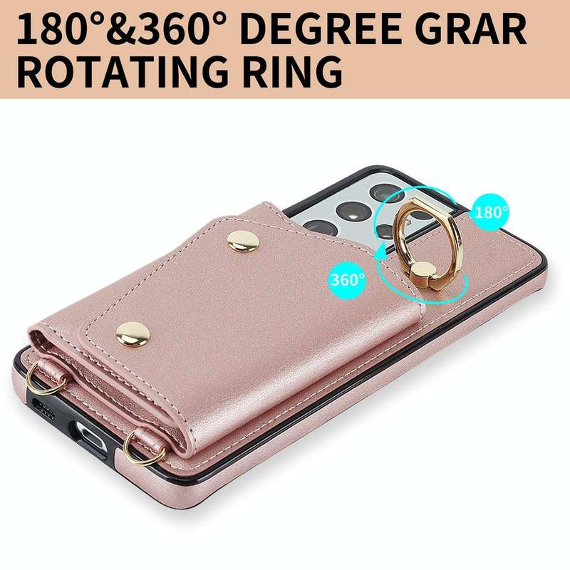 For Samsung Galaxy S21 Ultra 5G Zipper Card Bag Phone Case with Dual Lanyard(Rose Gold)