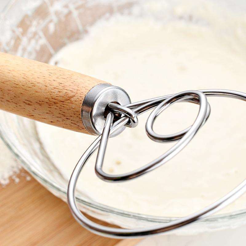 2 PCS 13 Inch Oak Handle Flour Mixer Dough Stainless Steel Mixing Rod Coil Whisk Double Circle Ag...