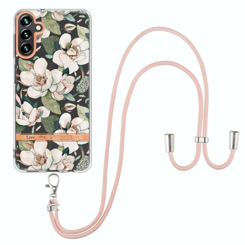 For Samsung Galaxy A54 5G Flowers and Plants Series IMD TPU Phone Case with Lanyard(Green Gardenia)