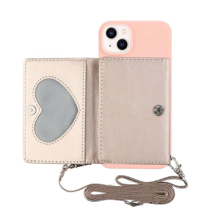 For iPhone 14 Crossbody Lanyard Wallet Card Bag Phone Case(Pink)