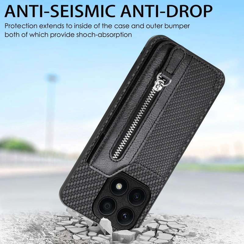 For Honor X8A Carbon Fiber Horizontal Flip Zipper Wallet Phone Case(Black)