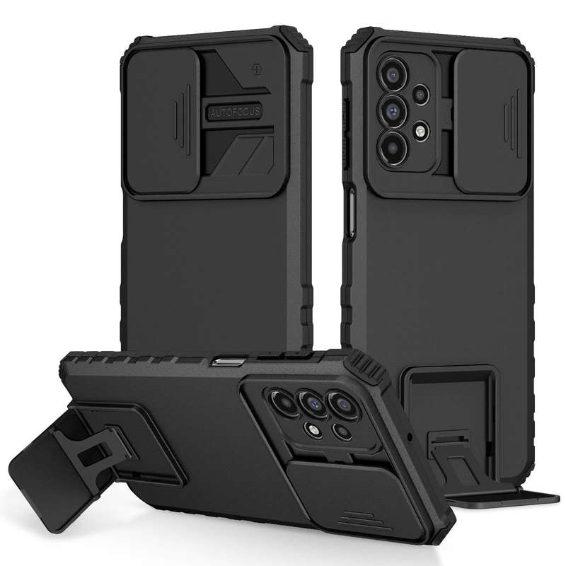 For Samsung Galaxy A23 4G Stereoscopic Holder Sliding Camshield Phone Case(Black)