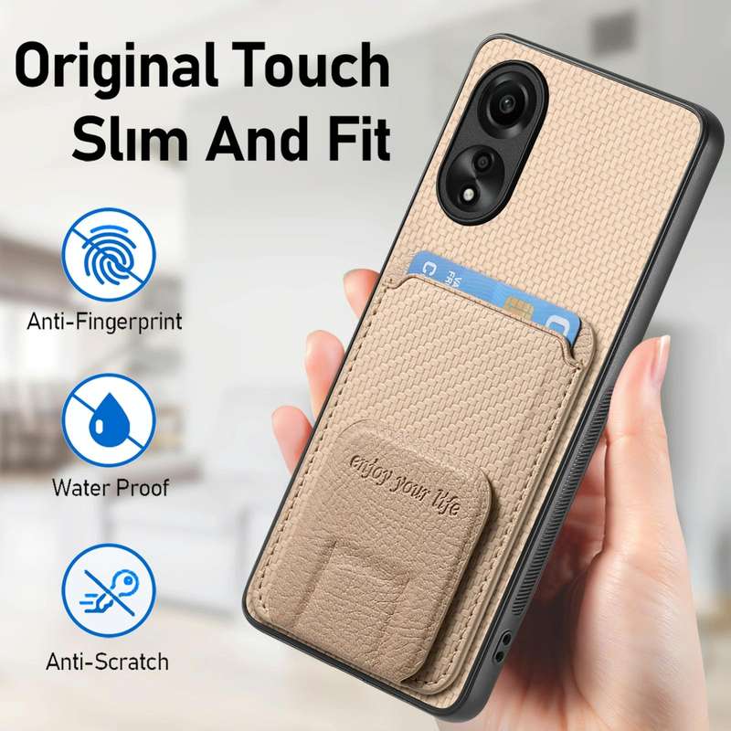 For OPPO Reno10 Pro+ Carbon Fiber Card Bag Fold Stand Phone Case(Khaki)