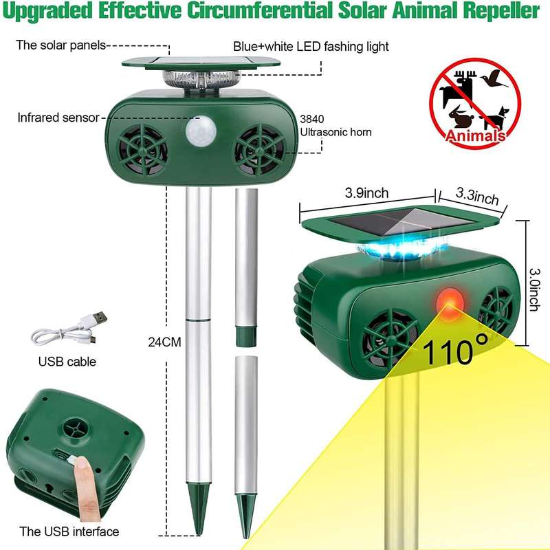SK628 Solar Powered Animal Repeller 360 Degree Strobe Light Bird Repeller Ultrasonic Rat Repeller...