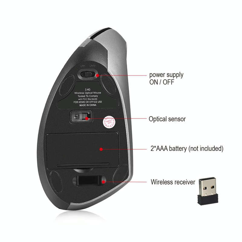 HXSJ T24 6 Buttons 2400 DPI 2.4G Wireless Vertical Ergonomic Mouse with USB Receiver(Grey)