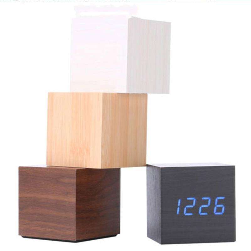 Multicolor Sounds Control Wooden Clock Modern Digital LED Desk Alarm Clock Thermometer Timer Blac...