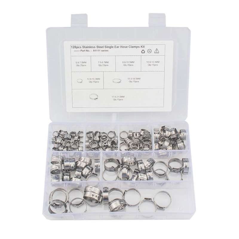 128 PCS Adjustable Single Ear Plus Stainless Steel Hydraulic Hose Clamps O-Clips Pipe Fuel Air In...