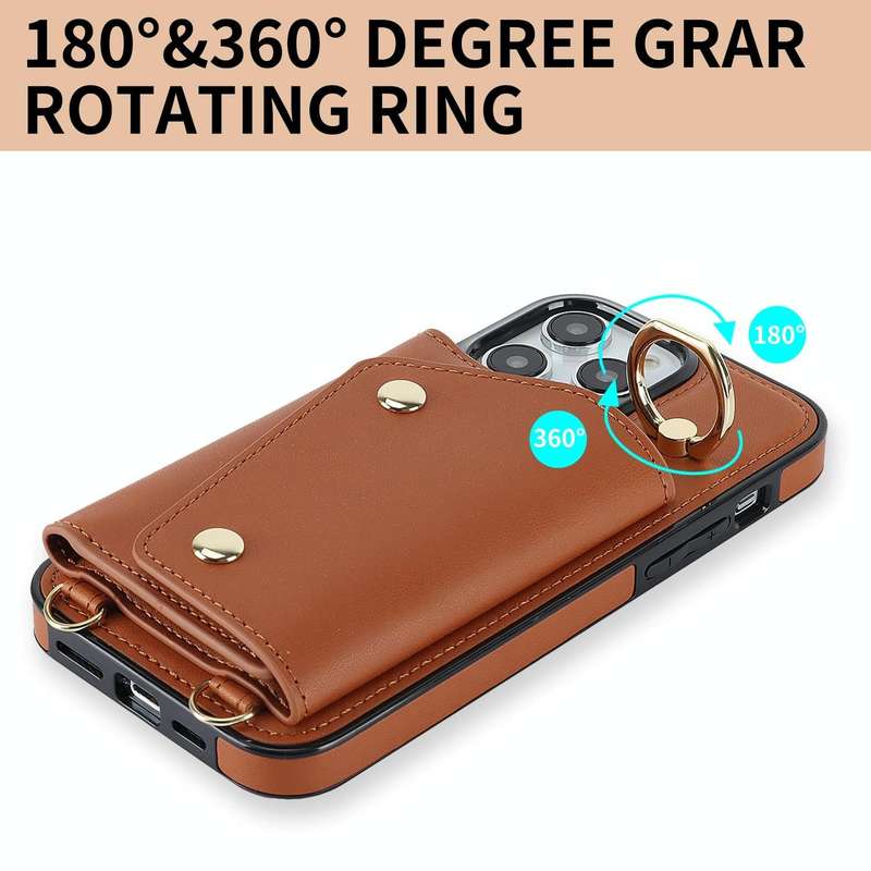 For iPhone 13 Pro Max Zipper Card Bag Phone Case with Dual Lanyard(Brown)