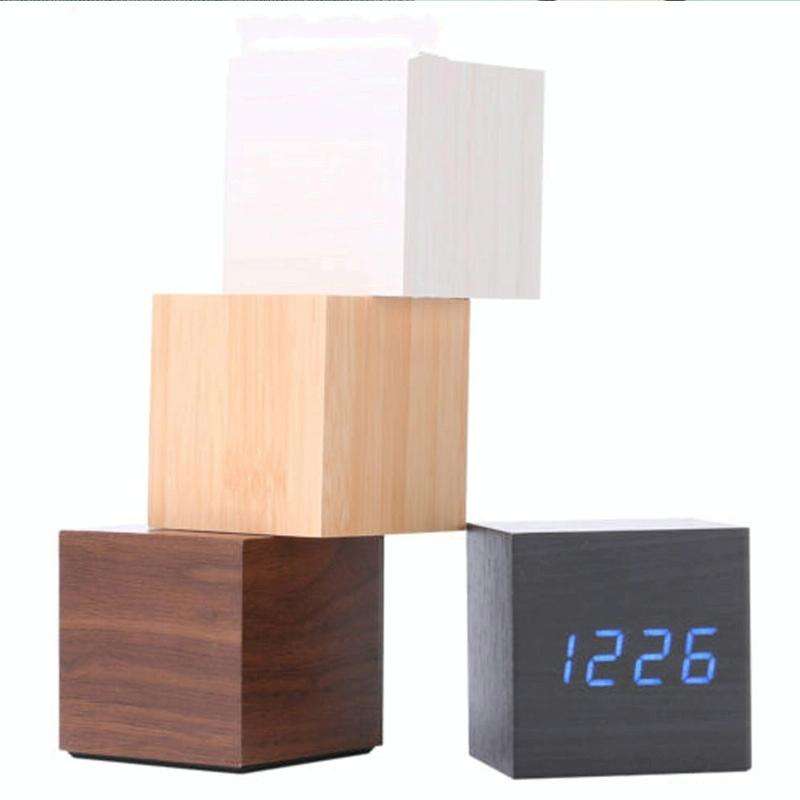Multicolor Sounds Control Wooden Clock Modern Digital LED Desk Alarm Clock Thermometer Timer Whit...