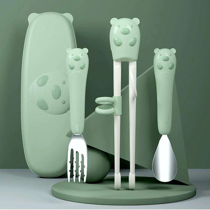 Household Baby Eating Training Chopsticks Spoon Fork Exercise Suit Kids Tableware(Green)
