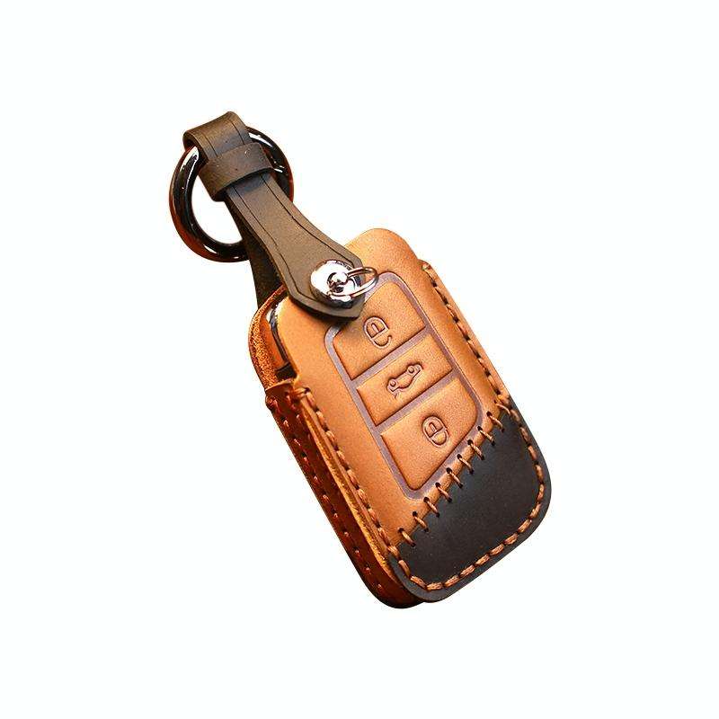 For Volkswagen Car Cowhide Leather Key Protective Cover Key Case, A Version(Brown)