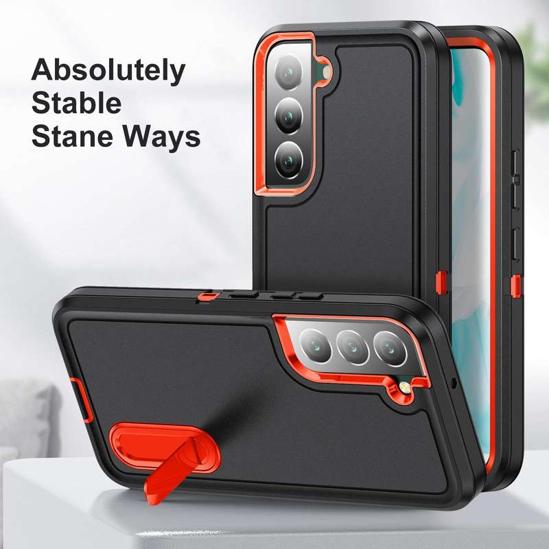 For Samsung Galaxy S22 5G 3 in 1 Rugged Holder Phone Case(Black+Orange)
