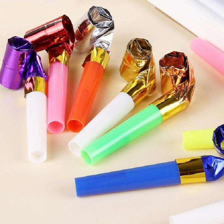 100 PCS Children Small Toy Plastic Whistle Birthday Party Cheering Small Gift Gold Paper Blowing ...