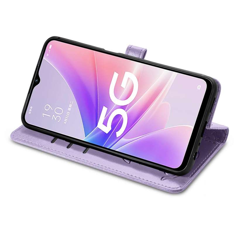 For OPPO A57 5G Cute Cat and Dog Embossed Horizontal Flip Leather Case(Purple)