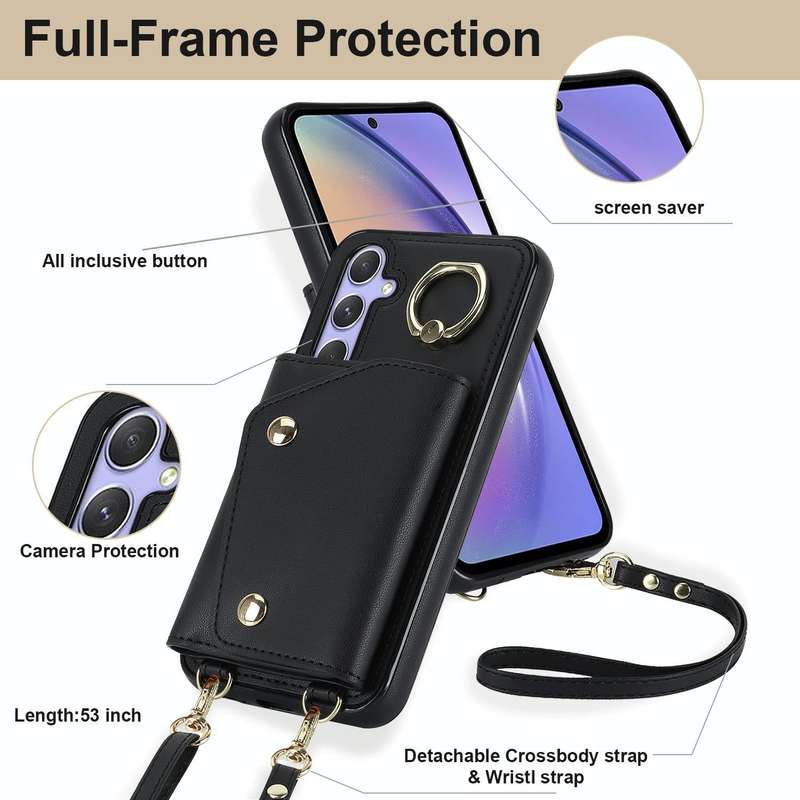 For Samsung Galaxy A54 5G Zipper Card Bag Phone Case with Dual Lanyard(Black)