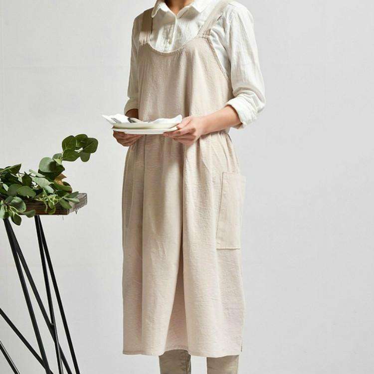 High Waist Cotton Linen Solid Color Apron(Almond)