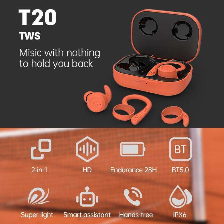 T20 TWS Bluetooth Hooks Wireless Sports Headphones with Charging Box IPX6 Waterproof Noise-cancel...