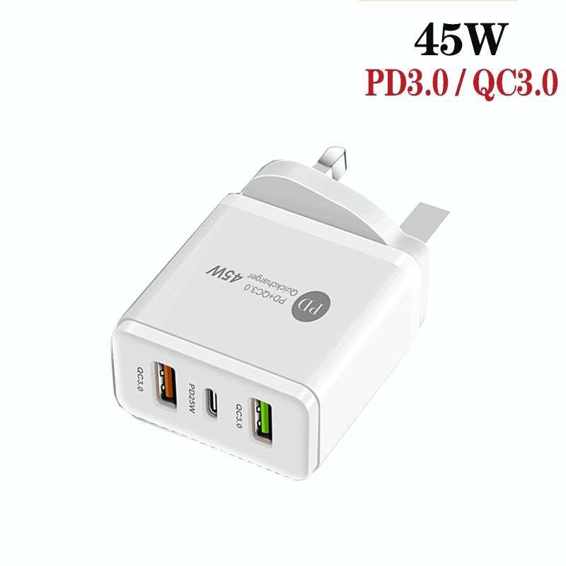 45W PD3.0 + 2 x QC3.0 USB Multi Port Charger with Type-C to 8 Pin Cable, UK Plug(White)