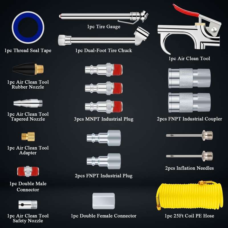 20 In 1 Air Compressor Kit 1/4 Inch NPT Air Tool Kit With 7.5m Coil Nylon Hose