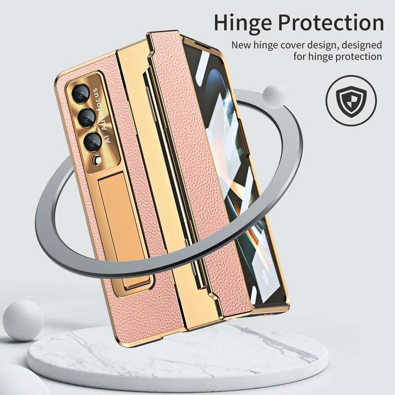 For Samsung Galaxy Z Fold4 Integrated Full Coverage Phone Case with Hinge(Gold+Pink)