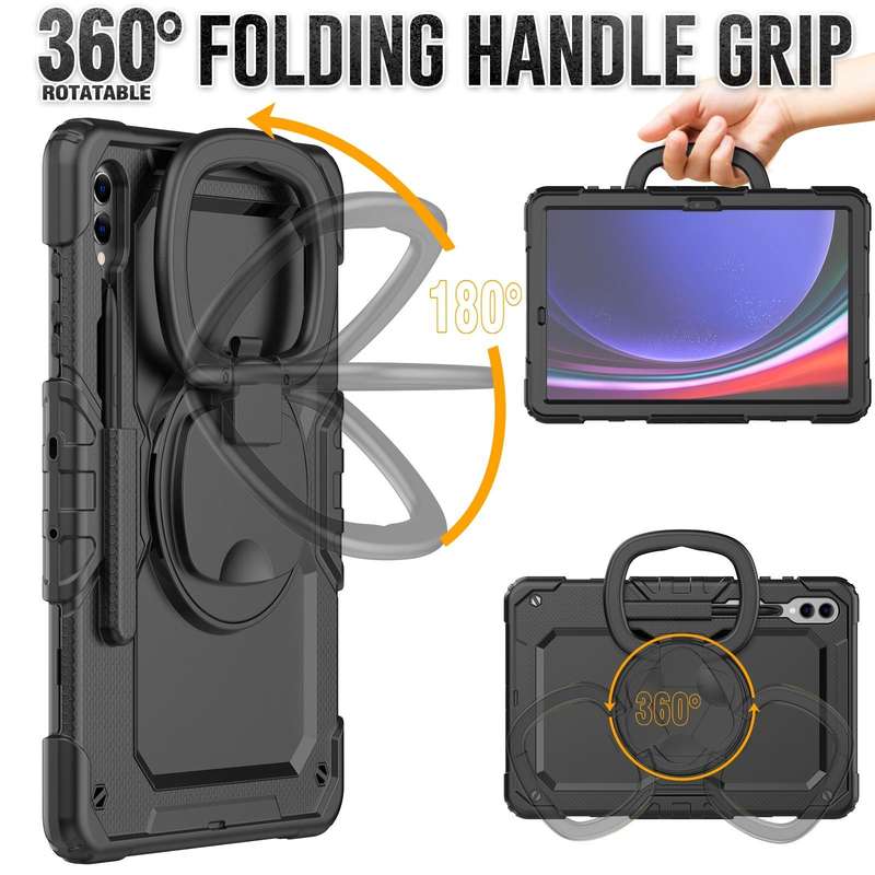 For Samsung Galaxy Tab S9+ D Type Silicone Hybrid PC Tablet Case with Handle Holder(Black)