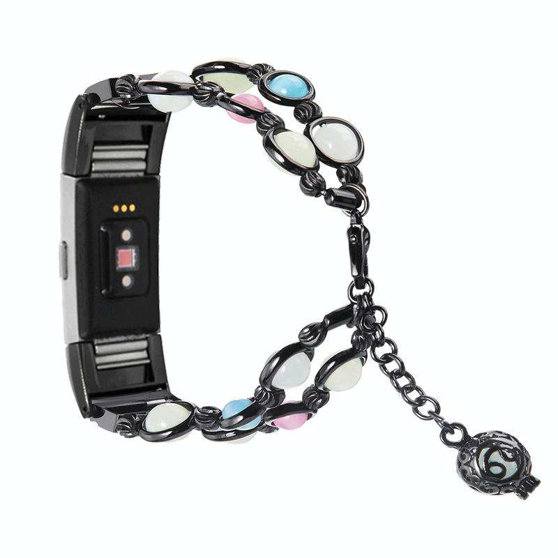 For Fitbit Charge 5 Agate Luminous Bead Steel Watch Band(Black)