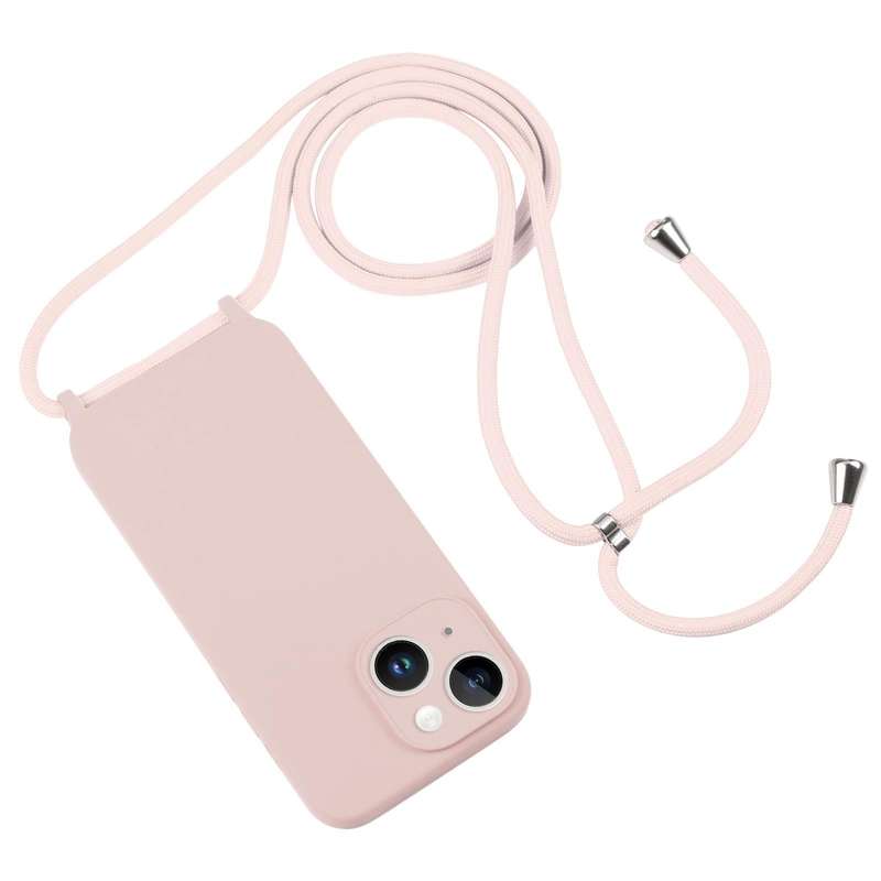 For iPhone 14 Crossbody Lanyard Liquid Silicone Case(Sand Pink)