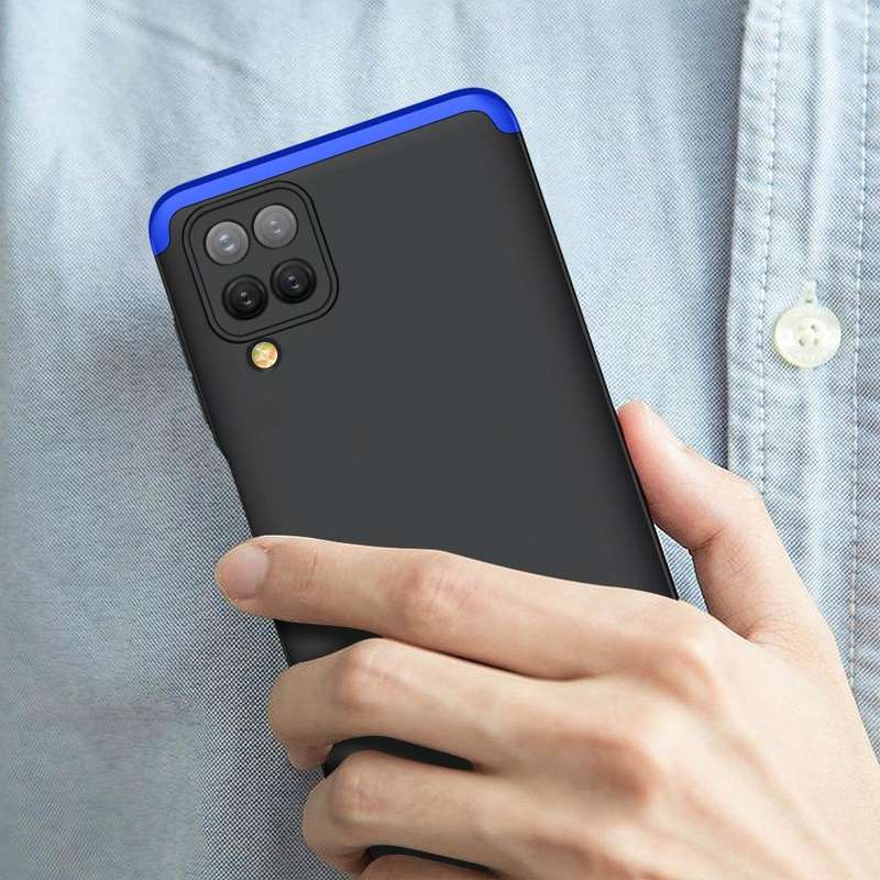 For Samsung Galaxy A12 GKK Three Stage Splicing Full Coverage PC Case(Black+Blue)