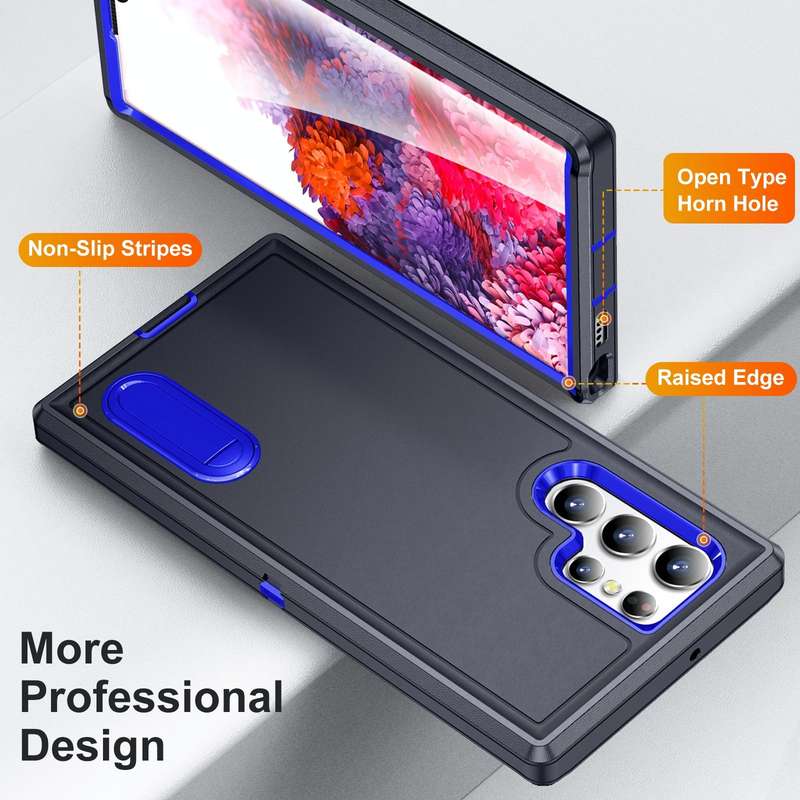For Samsung Galaxy S23 ultra 5G 3 in 1 Rugged Holder Phone Case(Dark Blue+Sapphire Blue)