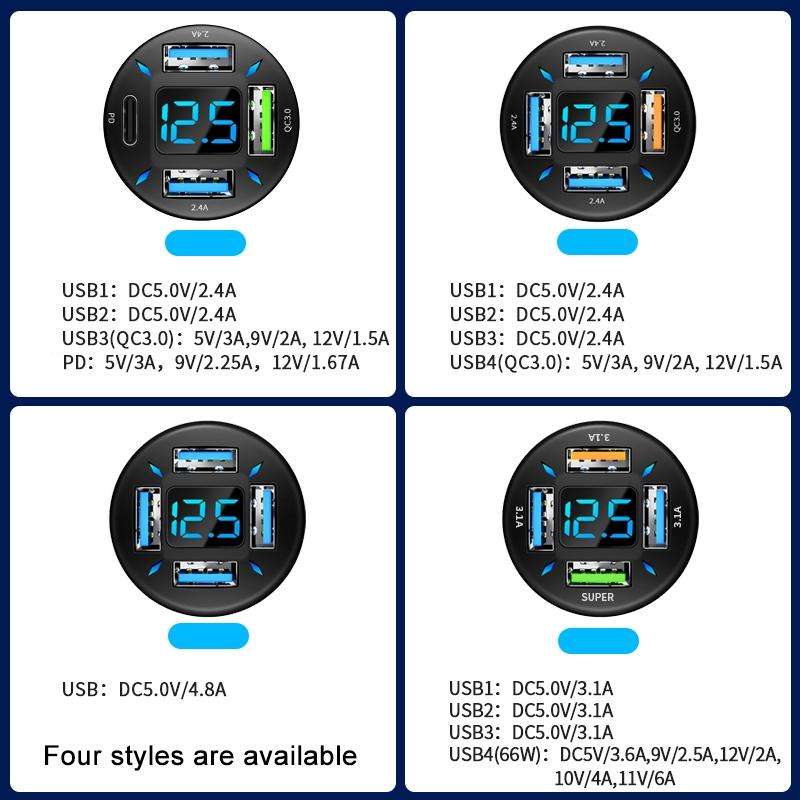 2pcs 4 in 1 USB 66W Digital Display Car Super Fast Charger