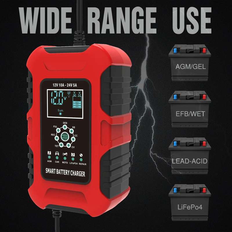 FOXSUR 10A 12V 7-segment Motorcycle / Car Smart Battery Charger, Plug Type:EU Plug(Red)
