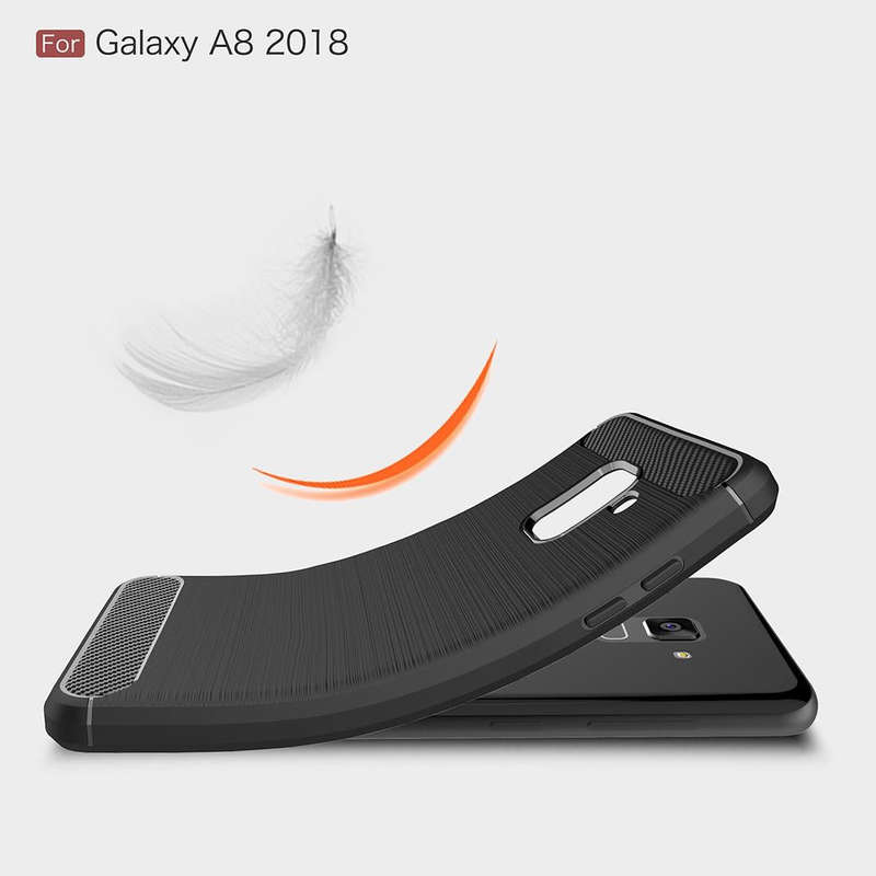 For Galaxy A8 (2018) Brushed Texture Carbon Fiber Shockproof TPU Protective Back Case (Red)