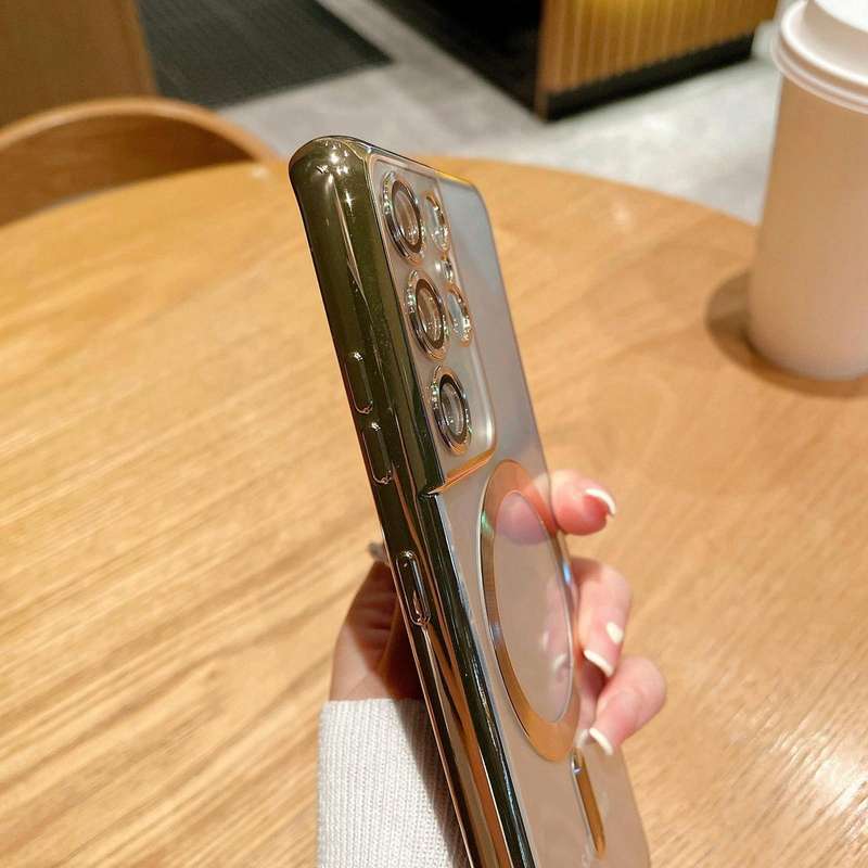 For Samsung Galaxy S21 Ultra 5G Electroplated Frame MagSafe Magnetic Phone Case(Dark Green)
