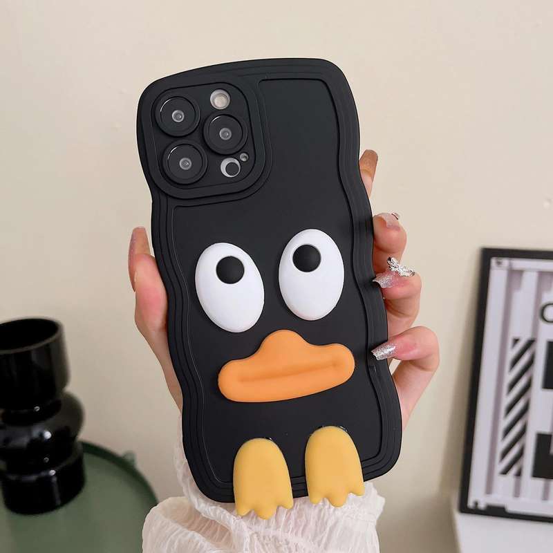 For iPhone 12 mini Wave Edge Big Duck Silicone Phone Case with Wristband(Black)