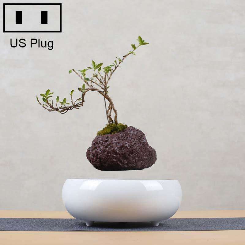 Volcanic Rock Flower Pot + Imitation Ceramic Resin Base Magnetic Levitation Potted Plant Home Dec...