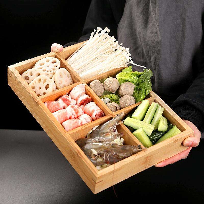 Hot Pot Bamboo Plate Compartmental Platter Vegetable Wood Tray Set Three Grid Bamboo Plate