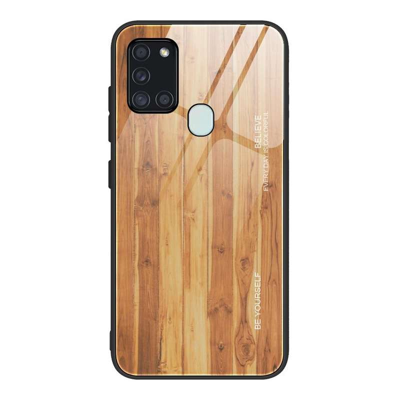 For Samsung Galaxy A21s Wood Grain Tempered Glass + TPU Shockproof Case(M03)