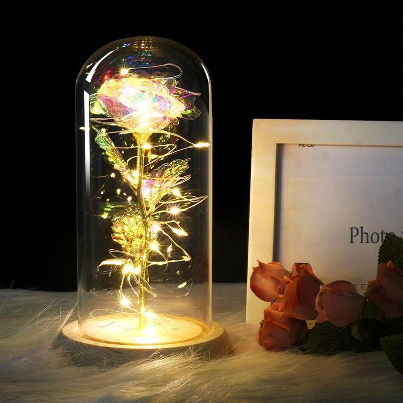 Simulation Roses Lights Glass Cover Decorations Crafts Valentines Day Gifts(Bright Color)