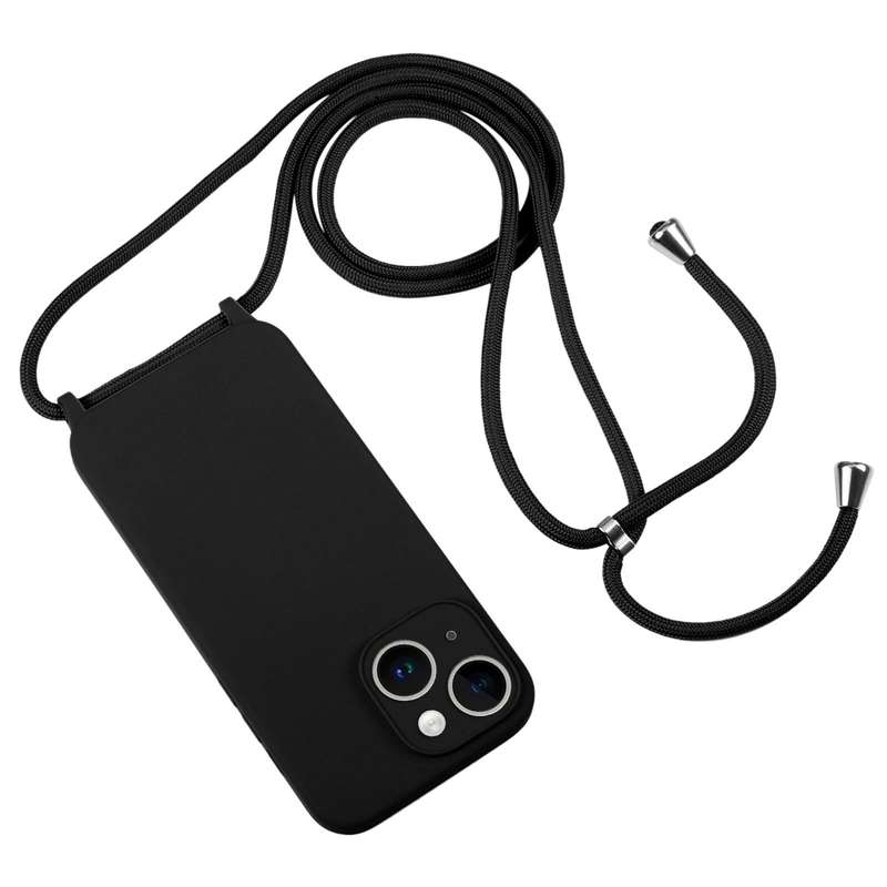 For iPhone 15 Crossbody Lanyard Liquid Silicone Case(Black)