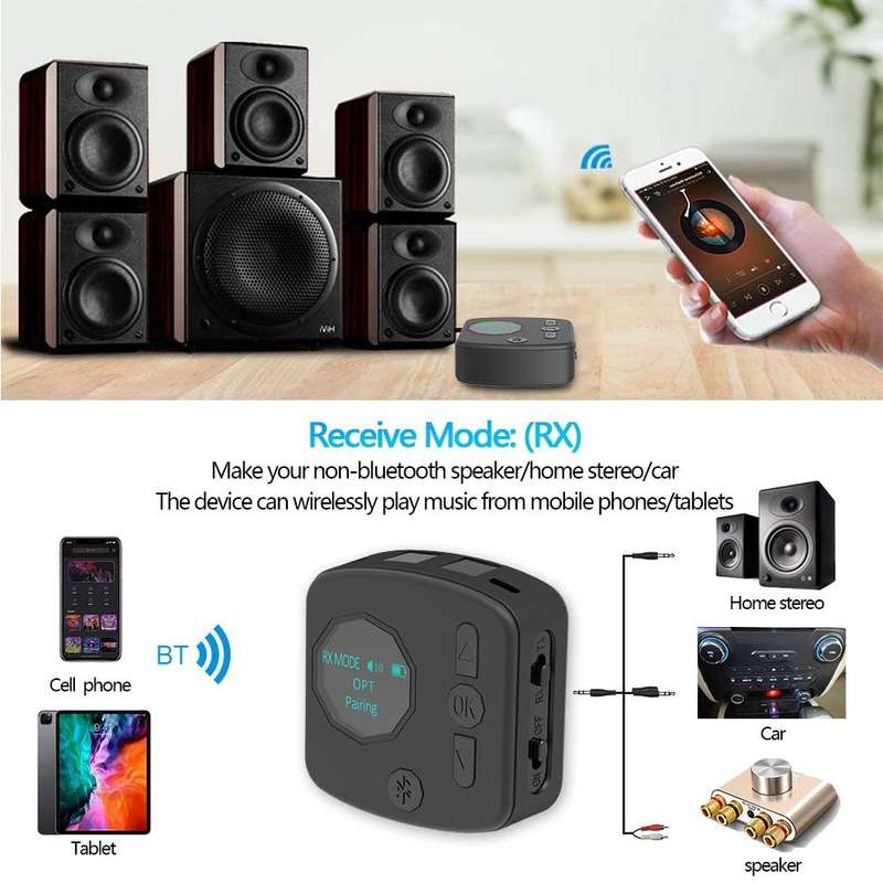 B38 2 in 1 Bluetooth 5.0 Audio Adapter Transmitter Receiver with OLED Display, Support Optical Fi...