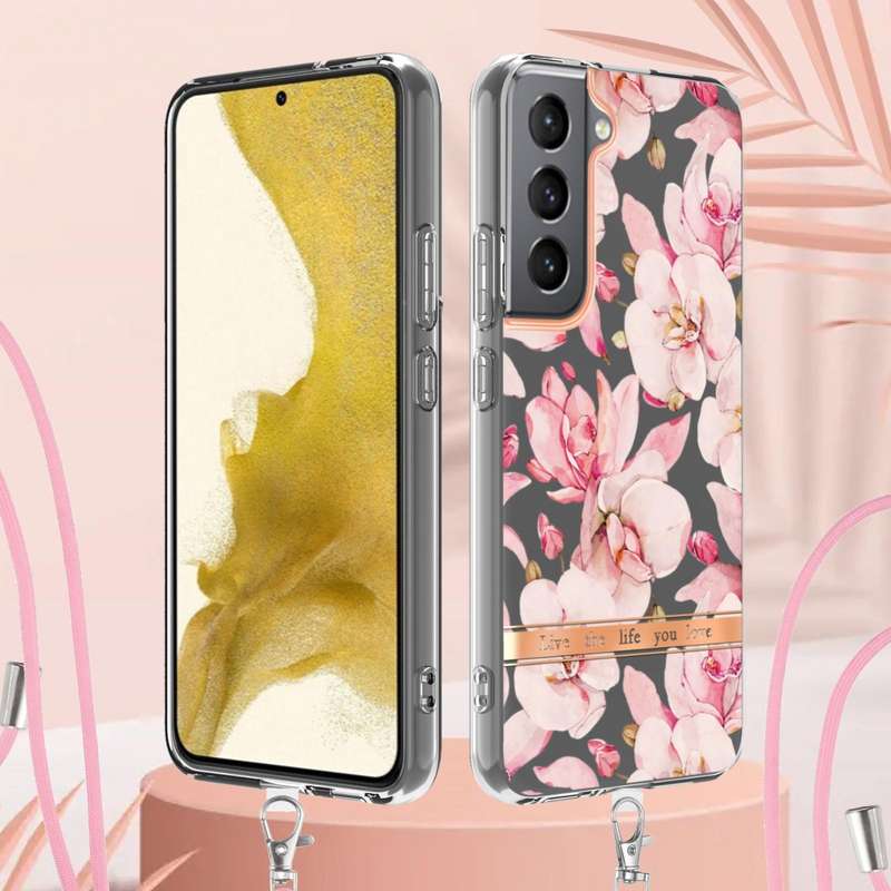 For Samsung Galaxy S23 5G Flowers and Plants Series IMD TPU Phone Case with Lanyard(Green Gardenia)