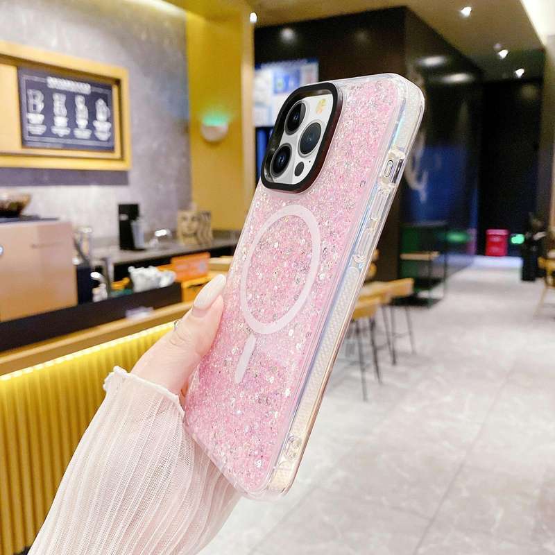 For iPhone 15 Pro Max Gold Armor MagSafe Glitter Epoxy Phone Case(Pink)