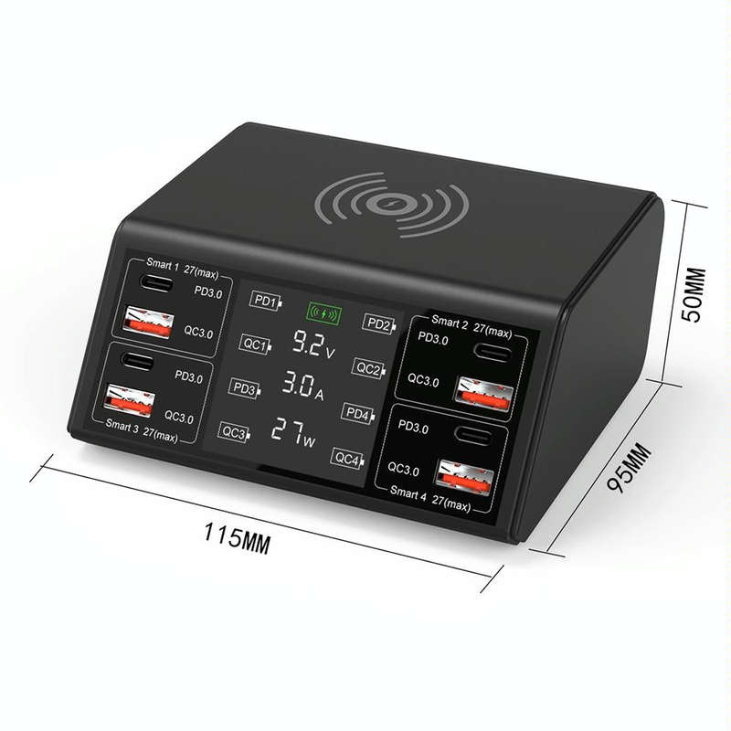 838w 9 in 1 100W 4 PD 3.0 USB-C / Type-C + 4 QC 3.0 USB Ports Smart Digital Display Wireless Char...
