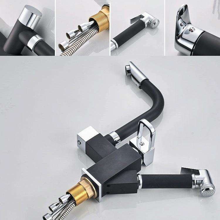 Kitchen Pull-Out Double Faucet Water Table Hot And Cold Water Faucet, Specification: Wheel Bendin...