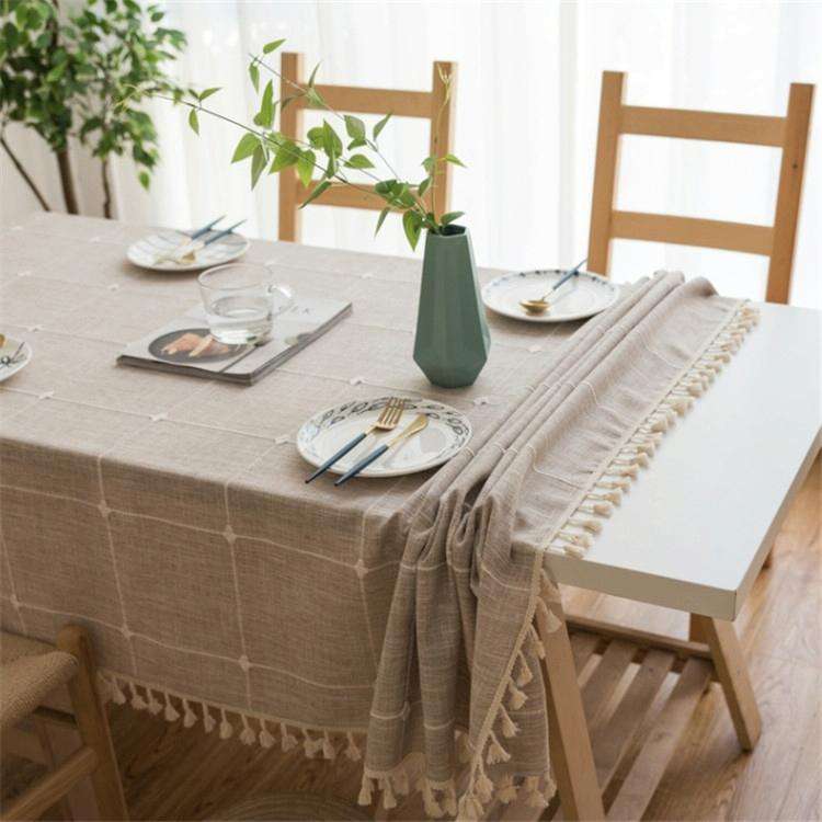 Square Lattice Embroidered Tablecloth Pure Color Cotton Linen Tassel Rectangular Coffee Table Mat...