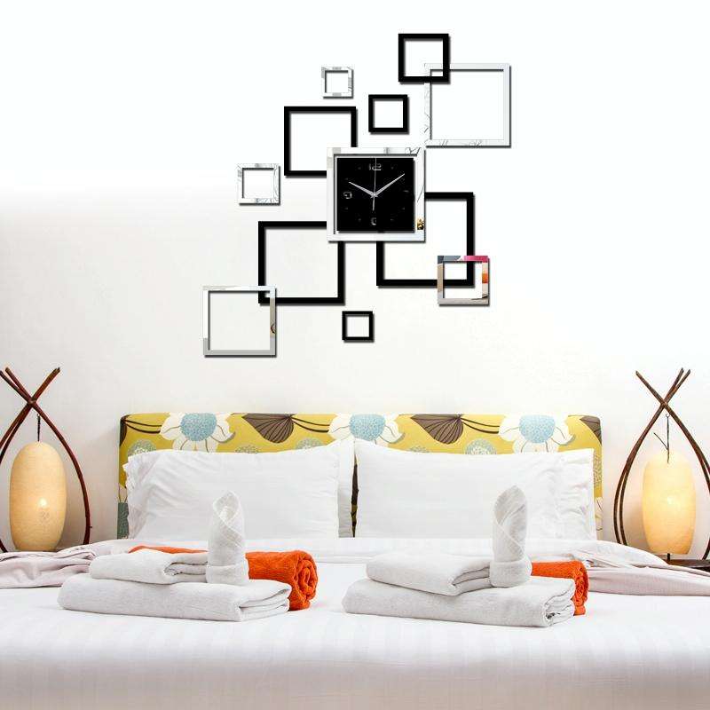 Living Room Wall Clock Creative Clock Acrylic DIY Mirror Wall Stickers Decorative Black Silver Sq...
