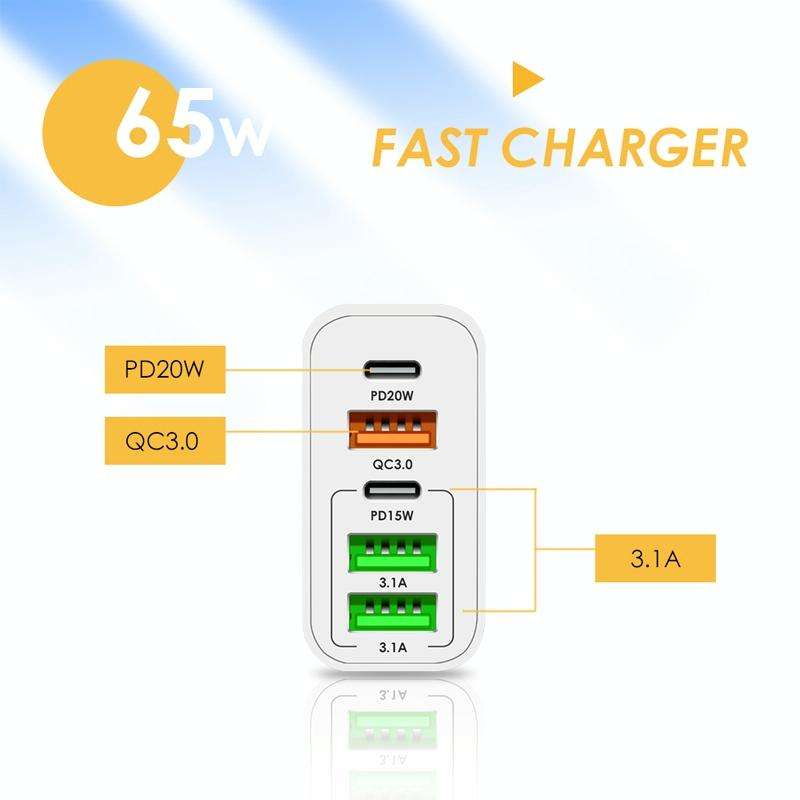 65W Dual PD Type-C + 3 x USB Multi Port Charger for Phone and Tablet PC, US Plug(White)