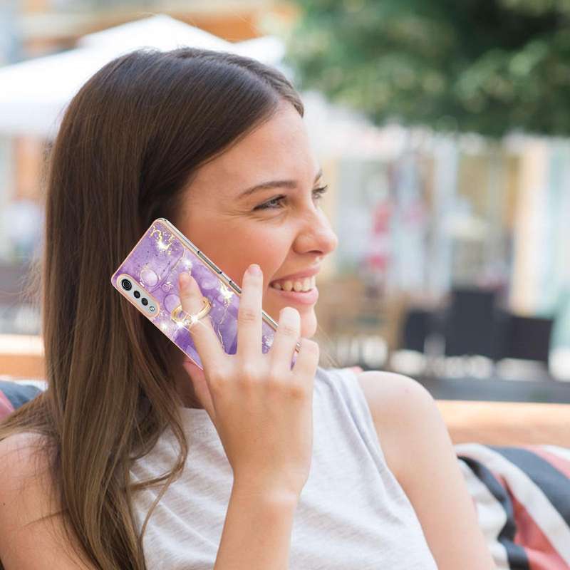 For LG Velvet 4G & 5G / G9 Velvet Electroplating Marble Pattern IMD TPU Shockproof Case with Ring...